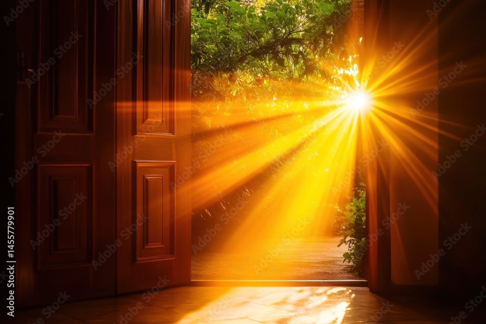 Open Doorway to Radiant Light and Lush Greenery Beckoning Towards a Bright Future Ahead
