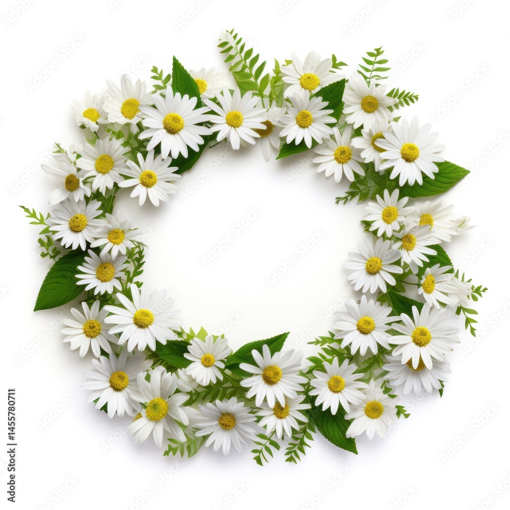 Obraz premium A frame made entirely of fresh spring daisies with green leaves surrounding the flowers, giving a bright