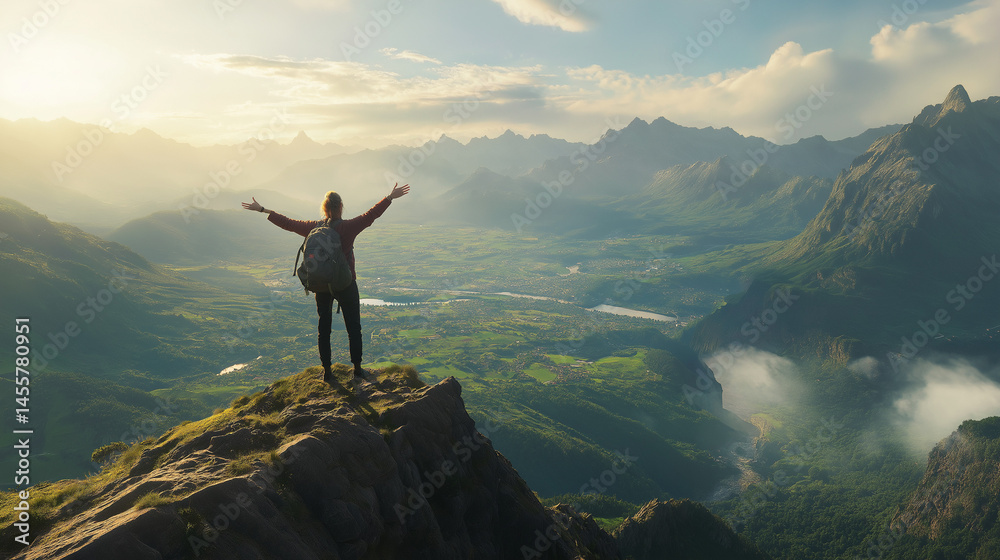Obraz premium A media-ready photo with balanced aesthetics adventuring duo discovers towering mountains in a secluded highland haven, amid wadi desert's embrace, under dramatic sky spectacles.