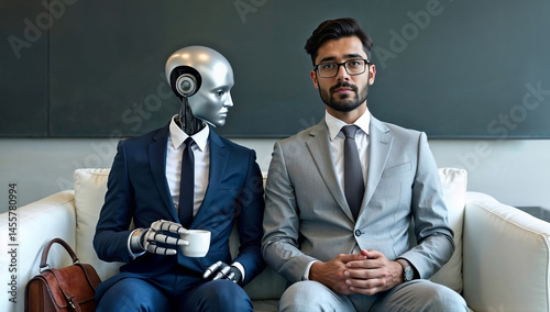 ndian man and humanoid AI robot sitting in modern office lobby waiting for job interview symbolizing future workplace technology and human collaboration