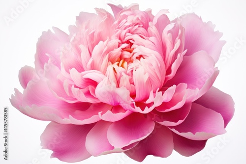 A graceful pink peony flower with petals that cascade outward in a spiral pattern, radiating shades of pale pink to deeper rose hues.