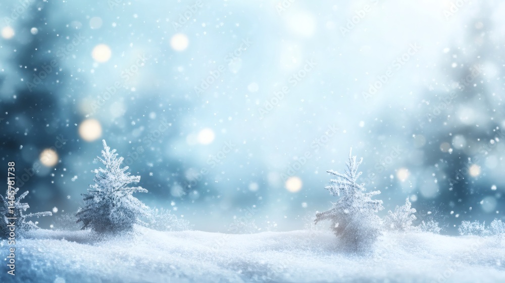 Snowy winter landscape, frosted trees, bokeh background; holiday greeting card Snowy winter landscape, frosted trees, bokeh background; holiday greeting card