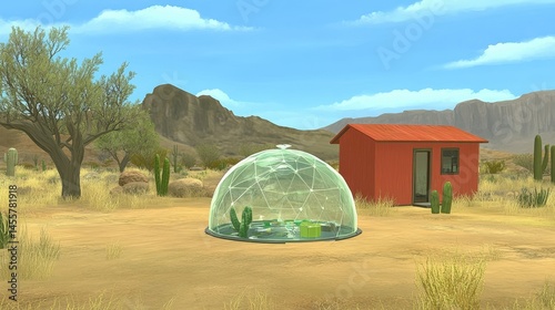 Arid landscape with desert vegetation a domed shelter structure and modest outbuilding amidst rugged mountains and a serene blue sky