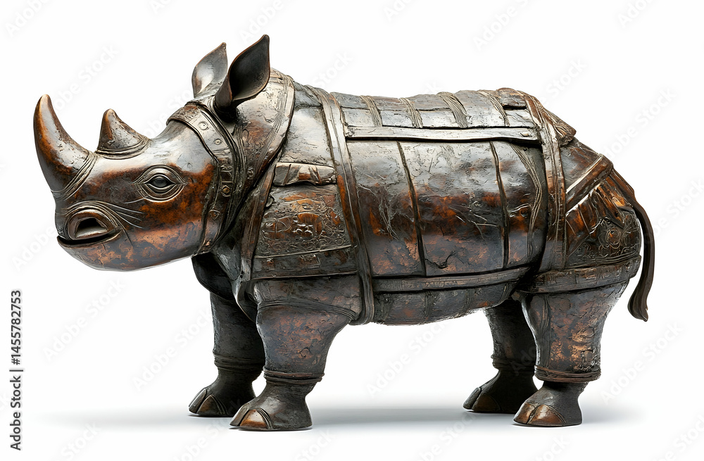 Fototapeta premium Detailed Metal Rhinoceros Statue Standing on White Surface