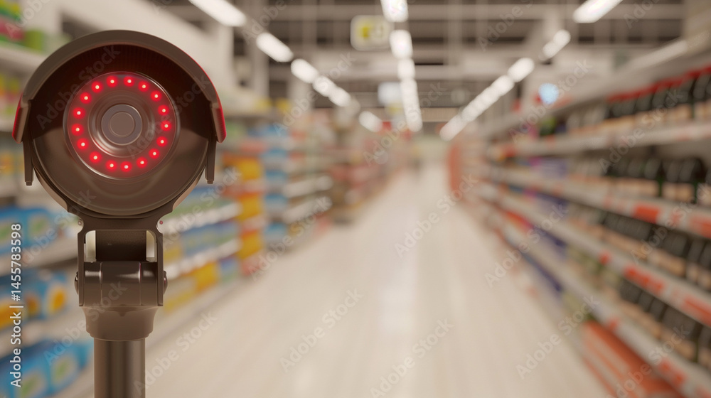 Close-Up of a Security Camera with Blinking Red LED Light, Focused on Blurred Retail Store Aisle Background, Surveillance Technology, CCTV Monitoring, Store Safety Concept Close-Up of a Security Camera with Blinking Red LED Light, Focused on Blurred Retail Store Aisle Background, Surveillance Technology, CCTV Monitoring, Store Safety Concept