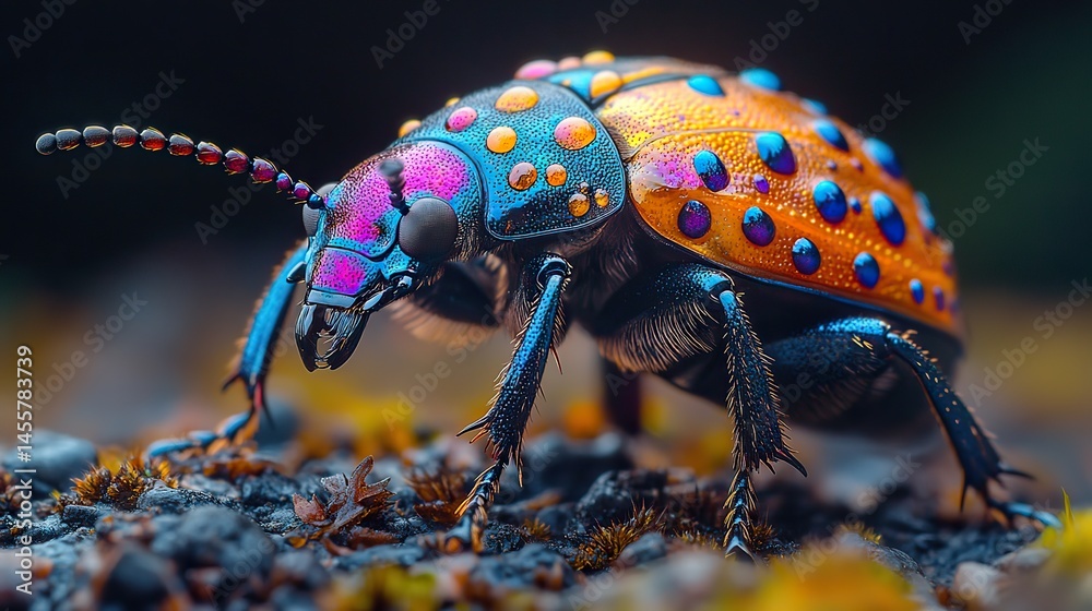 Naklejka premium A close-up of a beetle with its intricate exoskeleton and iridescent colors crawling on a forest floor.