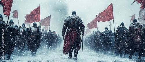 dramatic snowy battlefield where warriors clad in glowing armor clash under a stormy gray sky, Generative AI