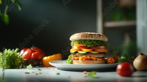 Close-up of a large homemade healthy vegetable burger with lettuce tomato cheese and chicken patty served on a white plate with fresh vegetables in the background photo