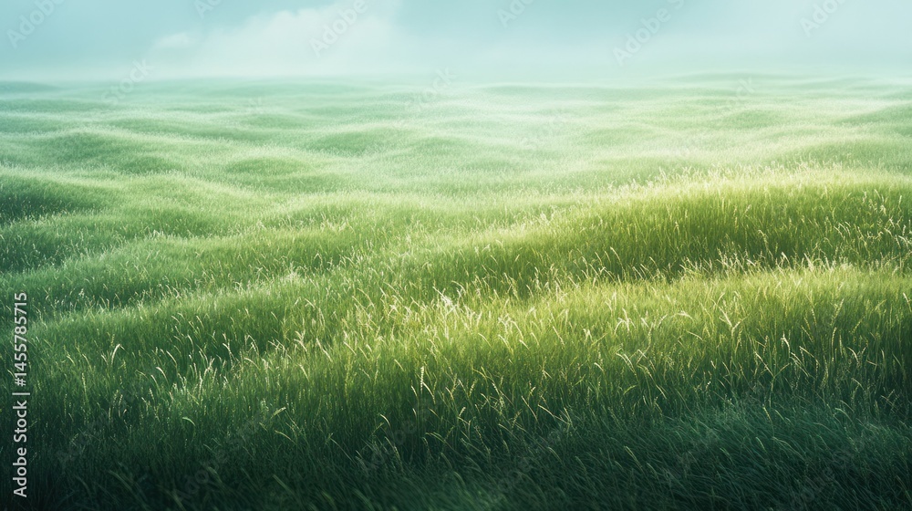 Tranquil lush green rolling grass fields under soft misty sky with gentle sunlight creating peaceful natural landscape scene for outdoor serenity and nature relaxation Tranquil lush green rolling grass fields under soft misty sky with gentle sunlight creating peaceful natural landscape scene for outdoor serenity and nature relaxation