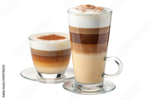 A sweet cappuccino with cream and chocolate, a coffee latte with ice cream, and another cappuccino with cream are isolated brown drinks