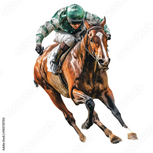 Dynamic Horse Racing Jockey in Full Action , isolated on white background