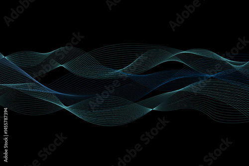 Abstract design of wave lines in varying shades of blue against a black background, creating a sense of depth and movement. Speed, innovation or futuristic feel concept.