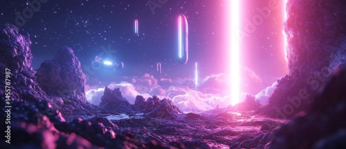 dramatic alien battlefield where energy weapons light the dark terrain and mechs tower above the chaos, Generative AI