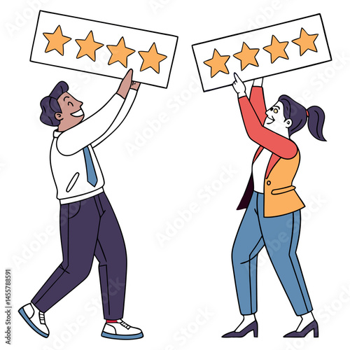 Employee survey, customer feedback rating or performance review, five stars service, best experience or feedback and 
engagement concept, business people employees holding 5 stars rating feedback vect