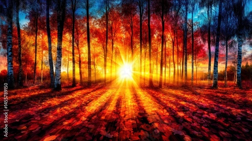 Autumnal Sunrise in Birch Forest: A Breathtaking Panorama