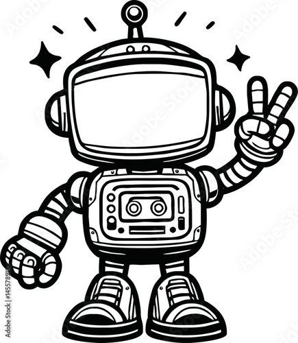 Wallpaper Mural black and white line art vector cartoon  friendly robot isolated for coloring page.A robot cartoon cute fun alien mascot character man illustrations Torontodigital.ca