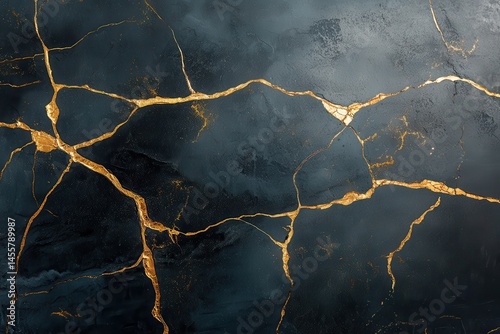 Dark blue texture with golden veins for kintsugi art inspiration. Use as a background or design element for a sophisticated project.