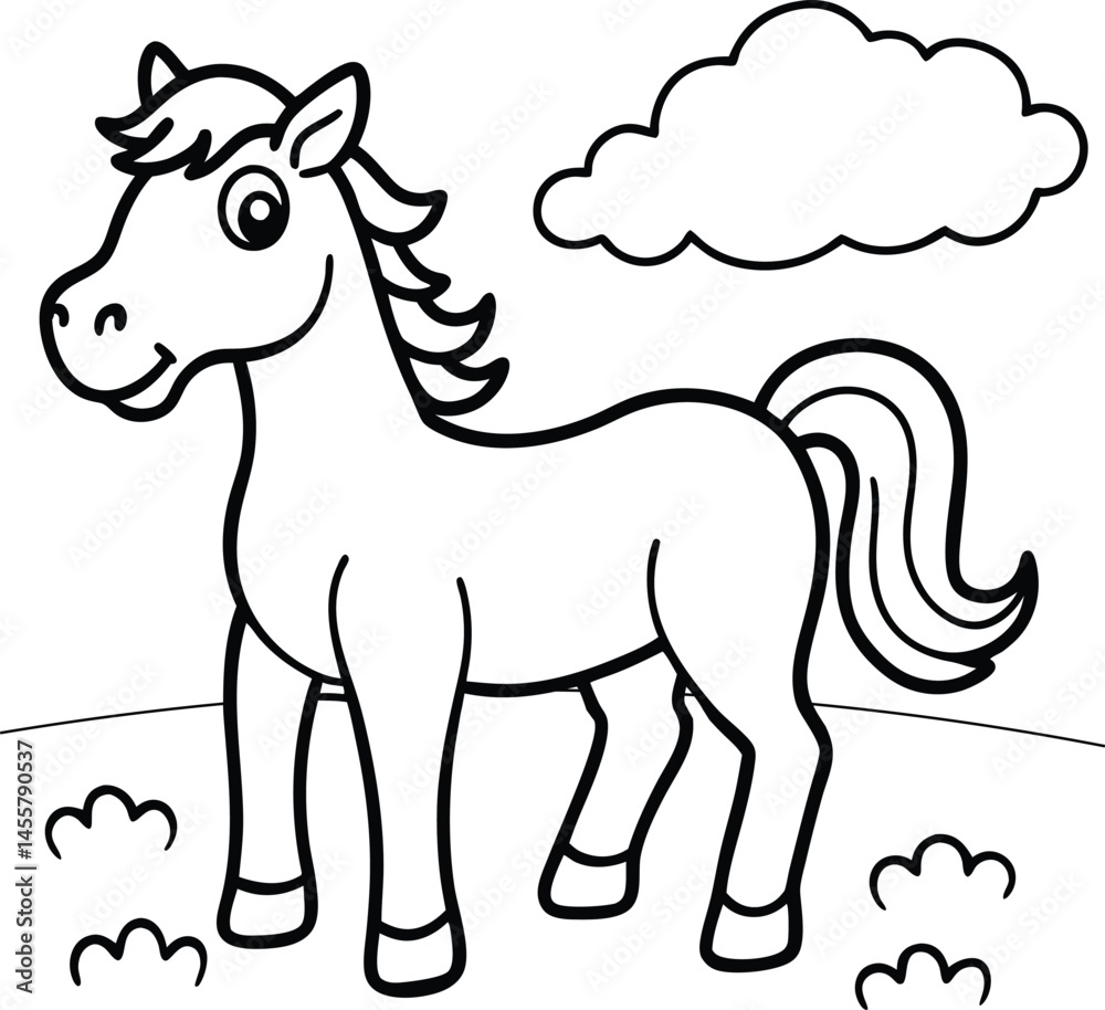 Fototapeta premium Cartoon Horse Illustration: A friendly, smiling horse depicted in a line drawing, standing on grassy ground under a playful cloud, creating a simple yet charming visual.