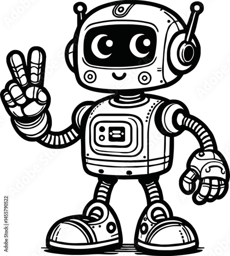 black and white line art vector cartoon  friendly robot isolated for coloring page.A robot cartoon cute fun alien mascot character man illustrations