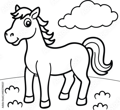 Cartoon Horse Illustration: A friendly, smiling horse depicted in a line drawing, standing on grassy ground under a playful cloud, creating a simple yet charming visual.