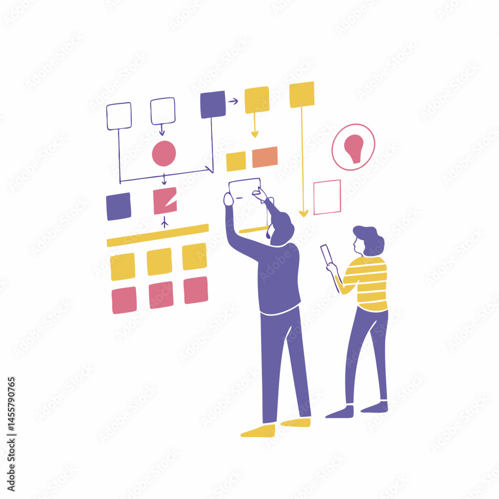 Employees adding icons to mind map on wall, idea flow and teamwork strategy, creative concept vector, white background