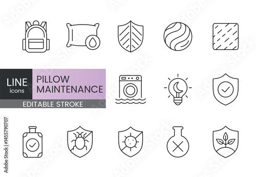 A set of vector icons representing pillow maintenance features focused on hygiene, durability, travel convenience, and safe use, created in line style with editable stroke