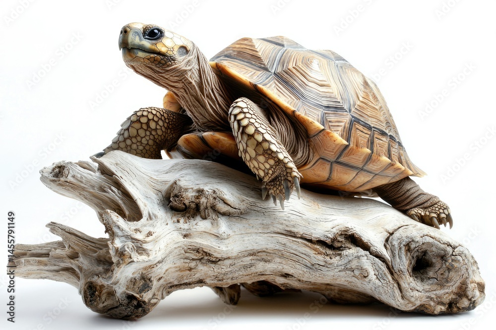 Naklejka premium An adorable tortoise rests atop a weathered piece of driftwood, a study in contrasts against white.