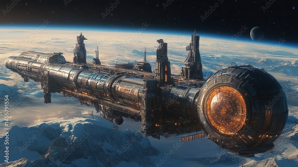 Fototapeta premium Futuristic Space Station Over Earth