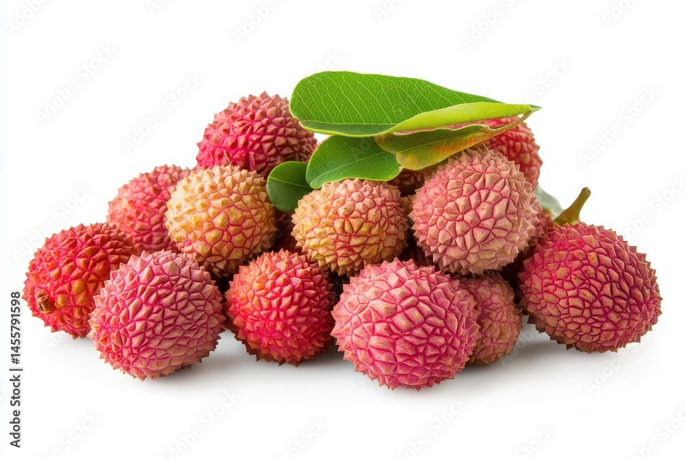 Fresh ripe lychees with green leaves isolated on white background red food pile life fruit sweet Fresh ripe lychees with green leaves isolated on white background red food pile life fruit sweet