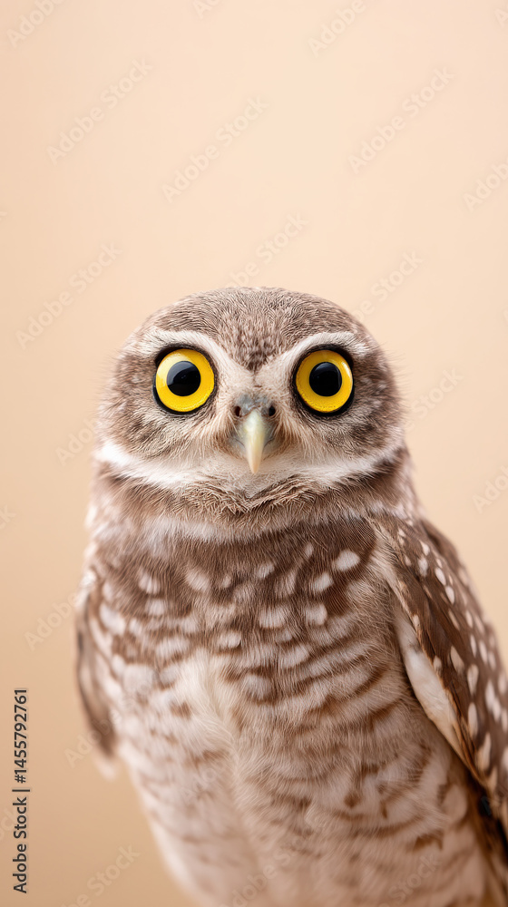 Obraz premium An owl with large yellow eyes looks utterly shocked, staring directly at the viewer against a soft, light background, showcasing its unique plumage and expressive features