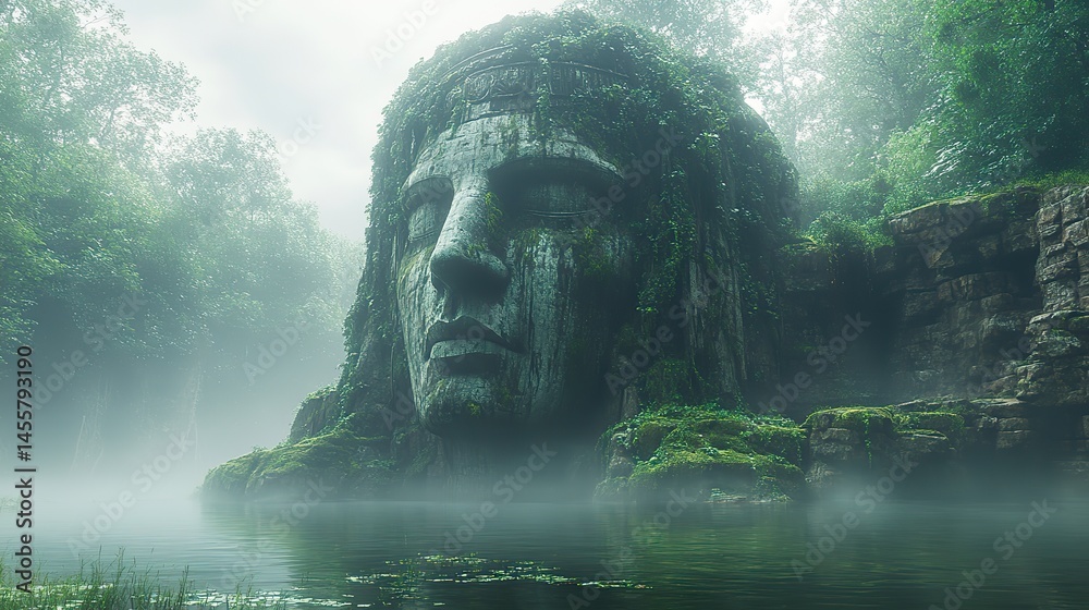 A colossal, ancient statue half-submerged in a misty lake, with moss and vines covering its surface. A colossal, ancient statue half-submerged in a misty lake, with moss and vines covering its surface.