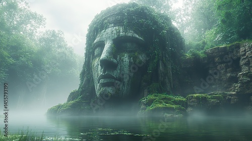 A colossal, ancient statue half-submerged in a misty lake, with moss and vines covering its surface.