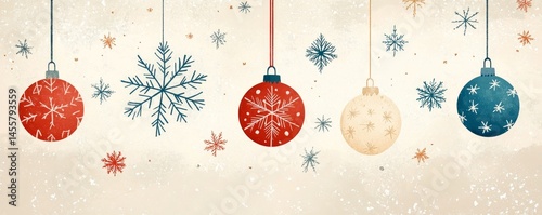 hand-drawn style holiday card featuring snowflakes and ornaments in a minimalist design, Generative AI