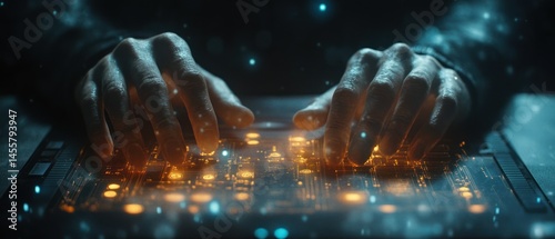 Hands operate advanced digital interface, immersed in technological complexity.