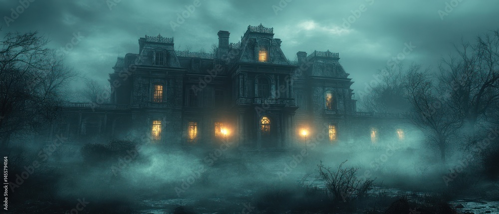 Fototapeta premium Gloomy victorian mansion stands decaying shrouded in dense fog, conveying unsettling atmosphere of mystery, abandonment, and potential haunting.