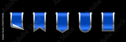 Blue tag with silver frame set vector icons. Sales promotion banners, labels, ribbons collection for online shopping. 3d realistic web element for promotion, discount, best seller product on black.