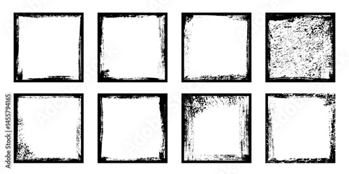 Black frames with worn paper effect on white background. Textured squares with old, grunge, grainy, vintage, worn, dust effect. Simple object mockup. Realistic vector illustrations set.