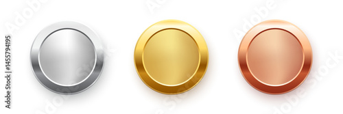 Gold, silver and bronze circle frames. First, second, third place medals isolated on white background. Blank metal ring, button, stamp, emblem, sticker, label. Abstract vector illustrations set.