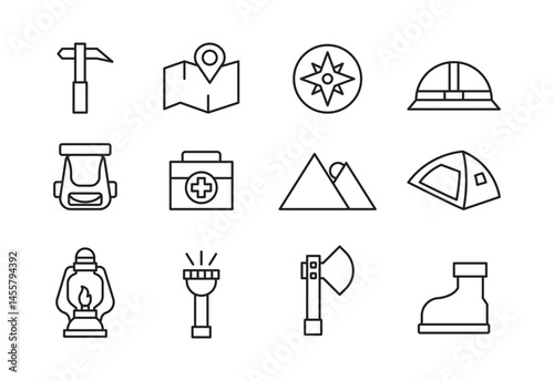 Linear Adventure or mountain icon set