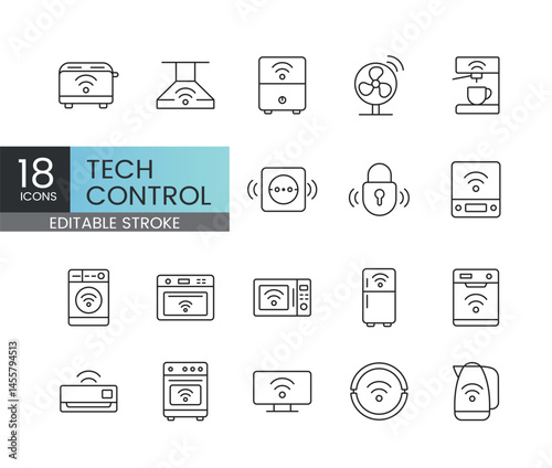 Editable stroke pack of smart tech control icons including light management, appliance control, smart plugs and Wi-Fi connected devices operated via apps and voice assistants