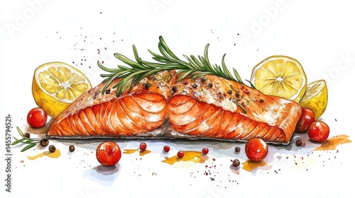 Hand-drawn illustration of seasoned baked salmon.