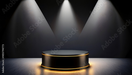 Generative Ai ، Display platform Golden Light neon on black background studio with.