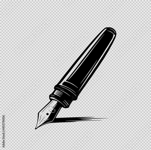 Minimalist black and white logo of a fountain pen with visible ink reservoir and fine nib, outlined with clean lines and soft pastel shading. A refined symbol of writing, creativity, and precision.