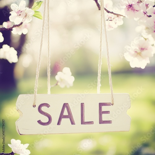 Vintage Sale Sign Hanging on Tree Branch Surrounded by Beautiful Blooming Flowers in a Soft Focus Environment photo