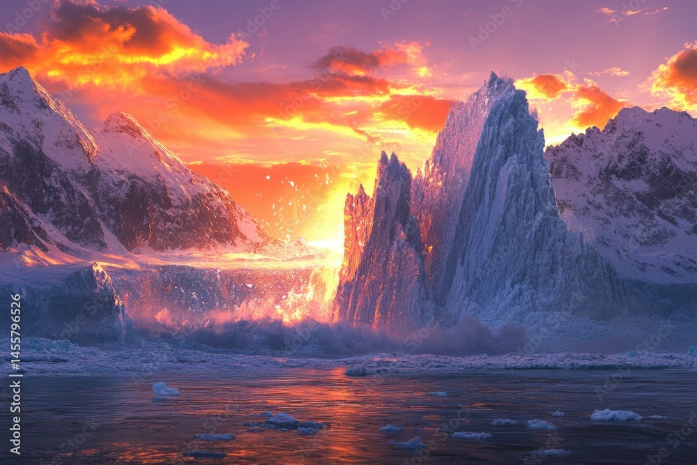 Naklejka premium A majestic glacial landscape bathed in the warm glow of a vibrant sunset, reflecting on the water's surface and illuminating snow-capped mountains.