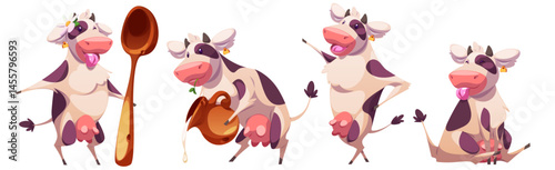 Happy cow characters set isolated on white background. Vector cartoon illustration of cute farm animal with udder smiling, pouring milk from jar, holding spoon, sitting, dancing, dairy product mascot