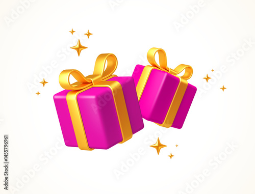 3d Pink Gift Boxes with Golden Ribbon and bow – Festive Vector Art with Sparkles