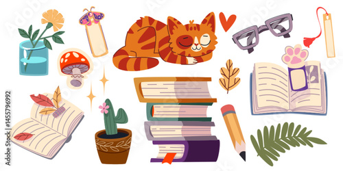 Books and sleeping cat set isolated on white background. Vector cartoon illustration of paper textbooks stack, color bookmarks and plants, pencil and eyeglasses, hygge room elements, reading hobby