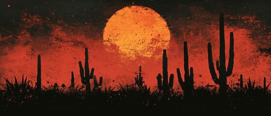 Crédence de cuisine Rouge Cactus silhouettes stand tall against sunset sky, creating stark contrast and dramatic scene.  © Qbertstudio