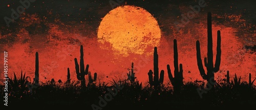 Cactus silhouettes stand tall against sunset sky, creating stark contrast and dramatic scene.